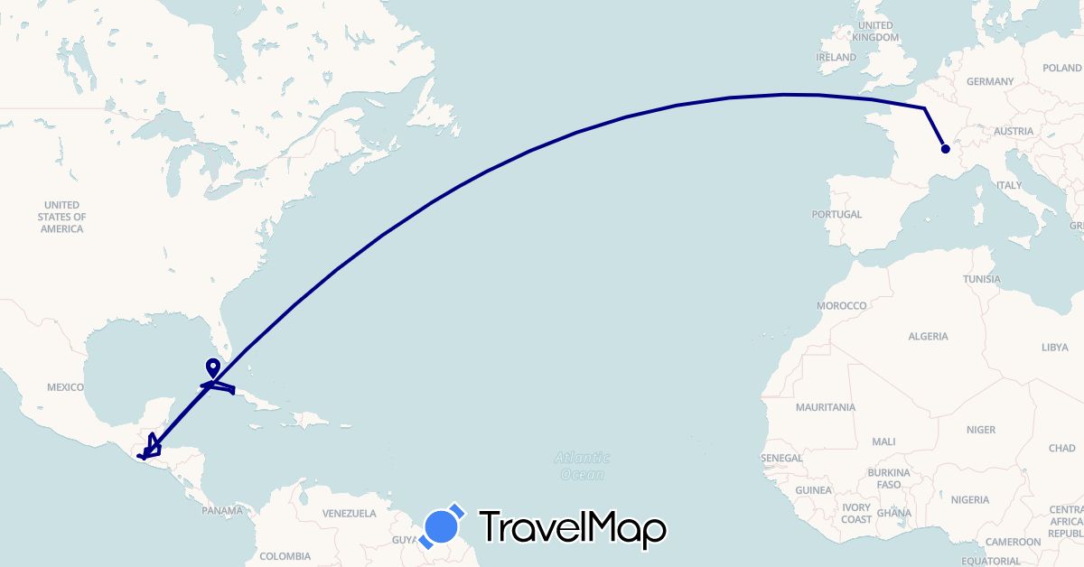 TravelMap itinerary: driving in Cuba, France, Guatemala, Honduras (Europe, North America)
